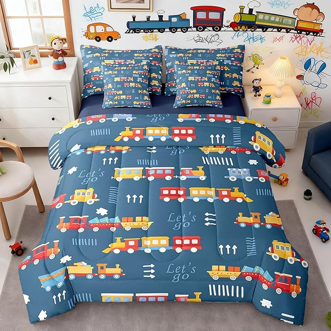 7 Pieces Cartoon Train Boys Full Comforter Set Hand Drawn Style Graffiti Decor Hippie Bedding Sets Red Yellow Cute Trains All Season Comforter,Flat Sheet,Fitted Sheet,2 Pillowcases,2 Pillow Covers