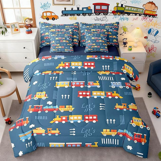 7 Pieces Cartoon Train Boys Full Comforter Set Hand Drawn Style Graffiti Decor Hippie Bedding Sets Red Yellow Cute Trains All Season Comforter,Flat Sheet,Fitted Sheet,2 Pillowcases,2 Pillow Covers