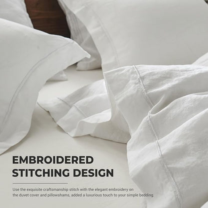 Simple&Opulence 100% Washed Linen Duvet Cover Set with Embroidered, 3 Pieces Soft Farmhouse Comforter Set with Button Closure,1 Duvet Cover and 2 Pillowshams(King,White)