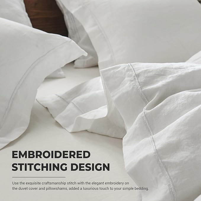 Simple&Opulence 100% Washed Linen Duvet Cover with Embroidered, 2 Pieces Soft Farmhouse Comforter Set with Button Closure,1 Duvet Cover and 1 Pillowsham(Twin,White)