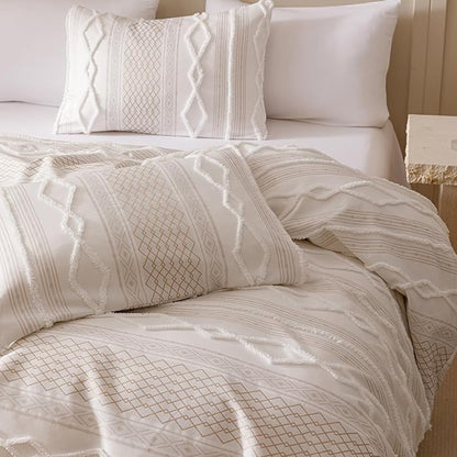CLOTHKNOW Ivory Bohemian King Size Comforter Set 3Pcs Clipped Jacquard Bedding Sets Farmhouse Stripes Comforter White Khaki Comforter Soft with 2 x Pillowcases