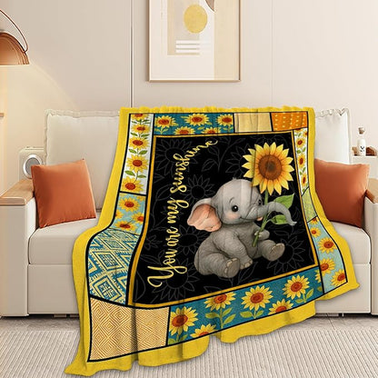 Elephant Blanket Super Soft Warm Fluffy Fleece Flannel Sunflower Animal Throw Blanket Cozy Fuzzy Plush Stuff Bedding Blankets Gifts for Women Kids Boys Girls Adults 50"X40"
