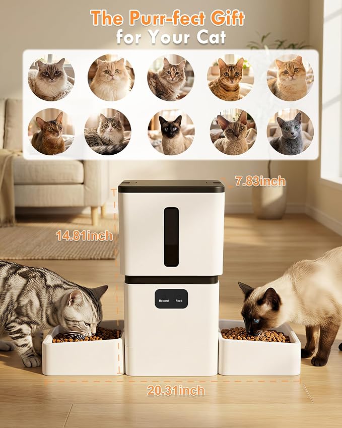 Yakry Automatic Cat Feeder for 2 Cats with Dual Bowls & Two HD Cameras | Easy Setup 5GHz Stable WiFi APP Control Cat Food Dispenser with IR Night Vision - 8L Pet Feeder for Multi-Cat & Small Dogs