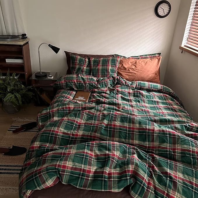 MKXI Vintage Buffalo Plaid Duvet Cover Set 3-Piece | 100% Washed Cotton Reversible Bedding Green/Red Checkered Twin Size with Zipper & Corner Ties Farmhouse & Shabby Chic Design