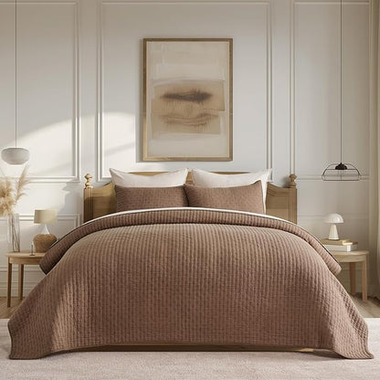 EVERGRACE Cross Stitch Pre-Washed Cotton Quilt Bedding Set King Size, Oversized 3 Pieces Lightweight Bedspread Coverlet for All Season, with 2 Matching Shams, Camel Brown,108"x96"