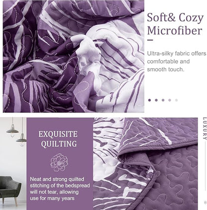 DJY 3 Pieces Quilt Set King Dark Purple Floral Pattern Quilt Coverlet Set Elegant Boho Bedspread with 2 Pillow Cases Soft Microfiber Botanical Bedding Quilt Set for Teens Adults 104"x 90"