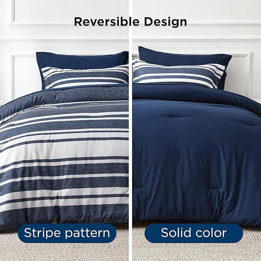 Bedsure King Comforter Set 7 Pieces, Blue Striped Bedding Set for All Seasons, Reversible, Cationic Dyeing Bed in a Bag with Comforter, Sheets, Pillowcases & Shams