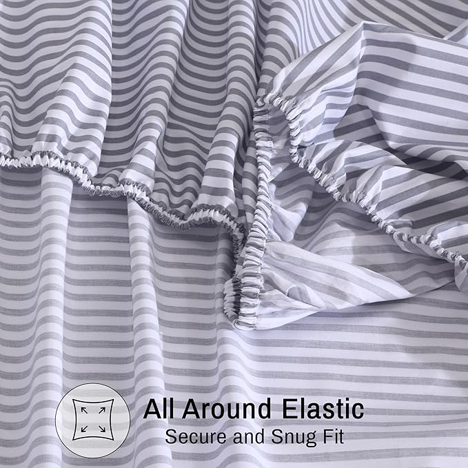ZOYER 100% Cotton Sheets – King Size Percale Bedding, Cooling & Breathable, Durable with a Crisp, Soft & Comfortable Feel, 16" Deep Pocket, 4-Piece Set, Grey Stripe