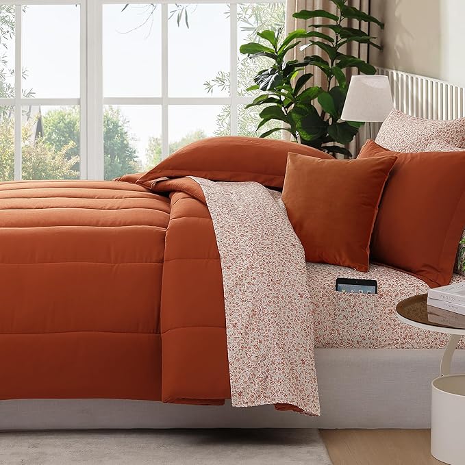 Monbix King Size Comforter Set - 7 Pieces Bed in a Bag King, Burnt Orange Track Stitching Bedding Sets, All Seasons Comforter Bed Set with Sheets