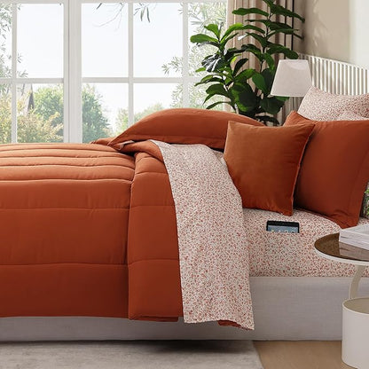Monbix King Size Comforter Set - 7 Pieces Bed in a Bag King, Burnt Orange Track Stitching Bedding Sets, All Seasons Comforter Bed Set with Sheets