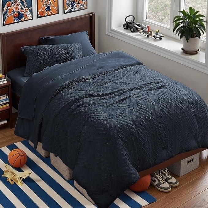 Zzlpp Twin Comforter Set 5 Pieces, Navy Blue Tufted Bed in a Bag with Comforter and Sheets, All Season Boho Bedding Sets with 1 Comforter, 1 Pillow Sham, 1 Pillowcase, 1 Flat Sheet, 1 Fitted Sheet