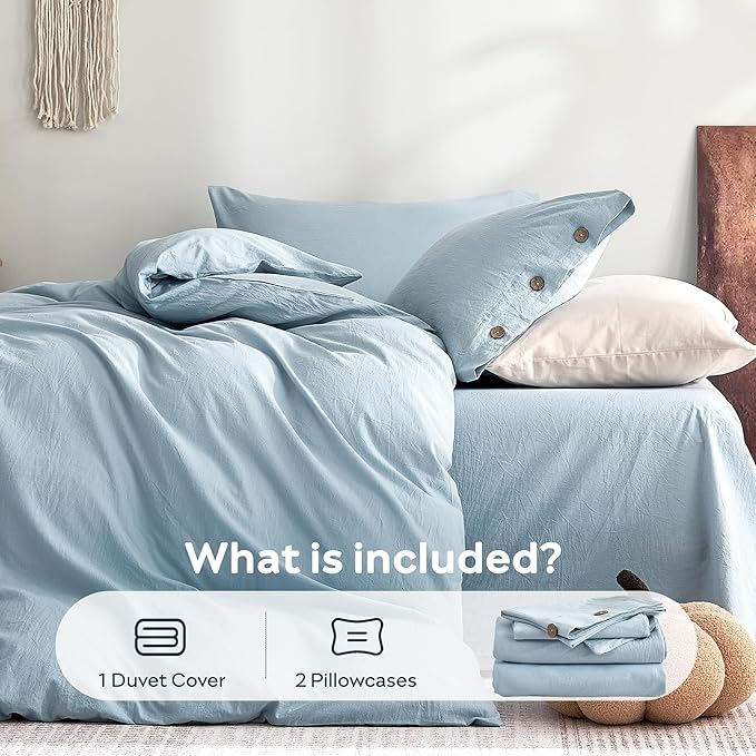 JELLYMONI 100% Washed Cotton Duvet Cover Full – Soft, Breathable Linen-Look Bedding with Natural Wrinkle Texture, Button Closure, 3-Piece Set (Mist Blue, 80"x90")