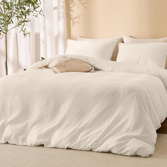 Ivory White Duvet Cover King, 100% Sandwashed Cotton Soft King Size Duvet Cover Set 3 Pieces with Zipper Clousre & Corner Buttons (Ivory White, King 104 x 90)