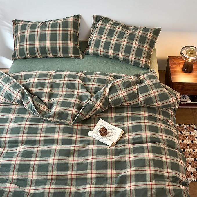 EAVD Vintage Green Buffalo Plaid Comforter Set Queen Soft 100% Washed Cotton Retro Green&Red Grid Checkered Bedding Set with 2 Pillowcases Farmhouse Gingham Comforter Set for All-Season