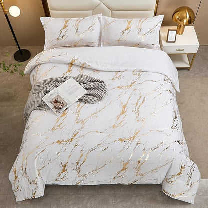 WONGS BEDDING White Gold Metallic Marble Comforter Set California King Foil Print Glitter Bedding Sets with 2 Pillowcases for All Seasons, Soft Microfiber Filling Bedding Duvet Set 104"x96"