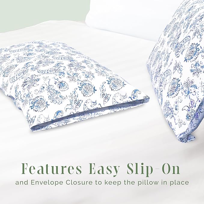 Elegant Comfort Ultra Soft Set of 2 Floral Print Pillowcases - 1500 Premium Hotel Quality Microfiber, Soft and Smooth Envelope Closure 2-Piece Pillow Covers - Standard/Queen, Paisley Indigo