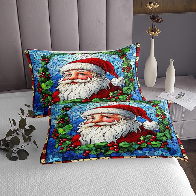 Santa Claus Kid Bedspread Queen Size,Merry Christmas Happy New Year Western Holiday Coverlet Set,Boys Girls Room Decor,Poinsettia Flower Geometric Quilted Coverlet,Xmas Bedding Quilt,2 Pillowcases