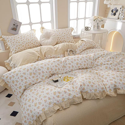 VM VOUGEMARKET Reversible Ruffle Comforter Set Queen,3 Pieces Shabby Chic Coquette Cottagecore Yellow Pink Flower Comforter with 2 Lace Pillow Shams,Queen Size