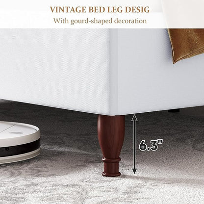 koorlian King Size Upholstered Bed Frame with 51'' Tall Headboard, White | Reinforced Platform Bed, Easy Assembly, Soft Fabric, Sleigh Wingback, Solid Wood Retro Legs, Noise-Free, Classic & Simple