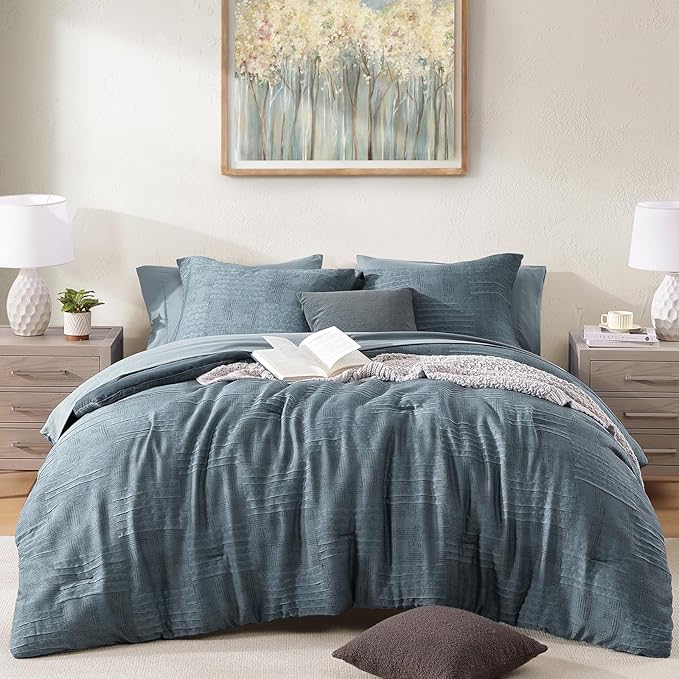 MaiRêve Full Size Comforter Sets Dusty Blue, Textured Design Crinkle Bedding Sets 7 Pieces, All Season Bed in A Bag with Comforter, Sheets, Pillowcases & Shams