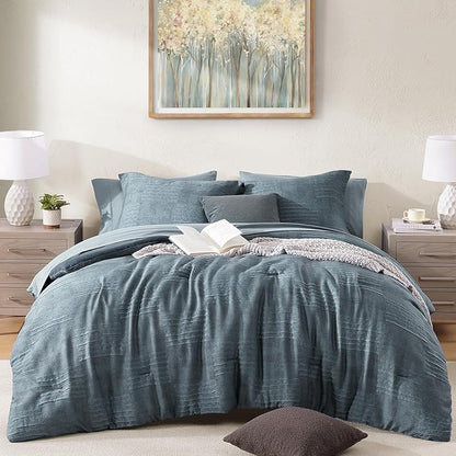 MaiRêve Full Size Comforter Sets Dusty Blue, Textured Design Crinkle Bedding Sets 7 Pieces, All Season Bed in A Bag with Comforter, Sheets, Pillowcases & Shams