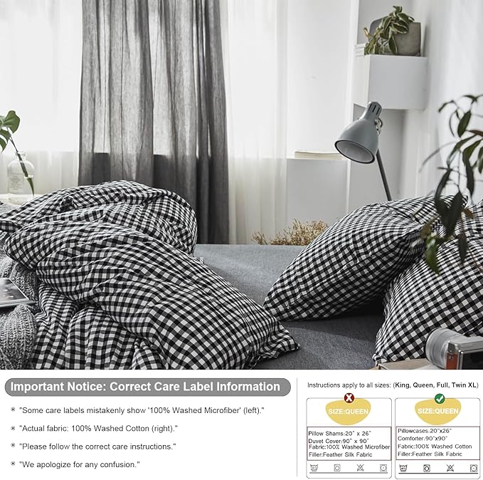 mixinni Black Gingham Comforter Set Twin XL, Plaid Comforter Set 3 Pieces 1 Black Grid Comfoter with 2 Pillow Cases for All Seasons, Soft Fluffy Modern Grid Pattern Printed Bedding-Twin XL Size