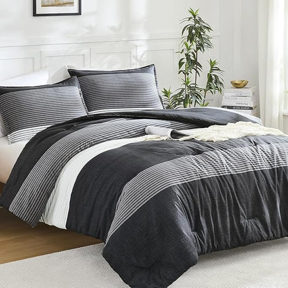 Litanika Oversized Queen Comforter Set Black White Grey 98x98-3 Pieces Lightweight Colorblock Stripe Fluffy Bedding Comforter Sets, All Season Bed Set