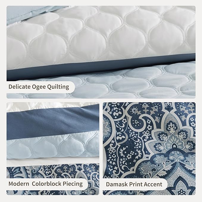 510 DESIGN Luxe Quilted Comforter Set Modern Transitional Design, All Season Down Alternative Warm Bedding Matching Shams, Bedskirt, Decorative Pillow, Queen, Shawnee Scrollwork Blue
