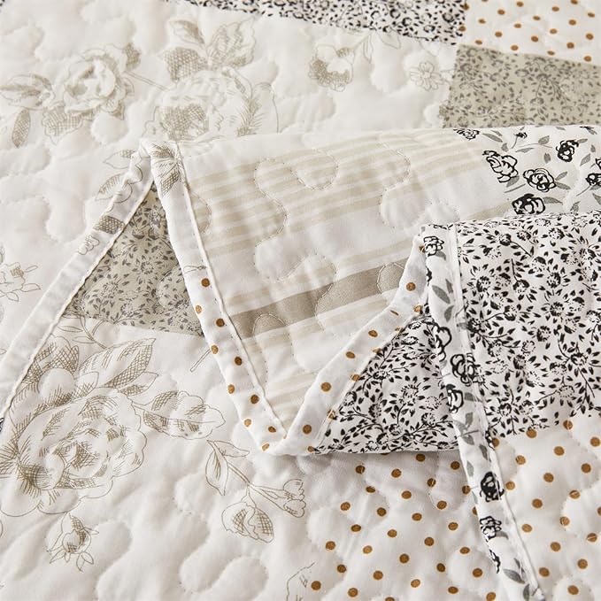 Cmfshape Summer Floral Queen Quilt Set,Grey Patchwork Quilts Queen,Reversible Quilted Bedspread with 2 Shams, Vintage Farmhouse Coverlet(Grey, Queen90 x90)