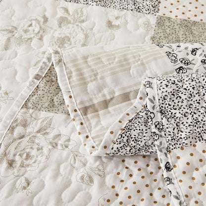 Cmfshape Summer Floral Queen Quilt Set,Grey Patchwork Quilts Queen,Reversible Quilted Bedspread with 2 Shams, Vintage Farmhouse Coverlet(Grey, Queen90 x90)