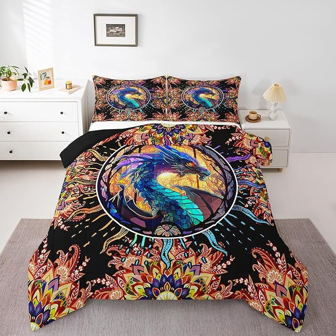 Feelyou Dragon Comforter Set King Size Dragon Stuff Comforter for Boys Girls Teens 3D Print Animal Bedding Set Dragon Decor Duvet Set Room Decor Golden Quilt Set