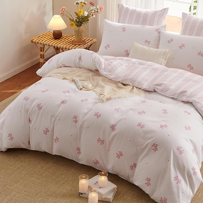 White Queen Comforter Set - Pink Bow Comforter Set Queen Size, Stripes Quilt Bedding Set 3 Pieces, Soft & Lightweight Comforter(90‘’ x 90‘’) for Girl All Season & 2 Pillowcases(30‘’x20‘’)