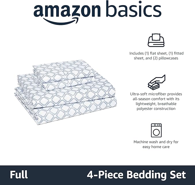 Amazon Basics Lightweight Microfiber 4-Piece Bed Sheet Set, Full, Aqua, Printed