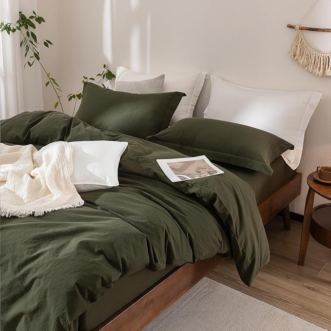 Olive Green Duvet Cover King Size, 100% Washed Cotton Bedding Set Cover 1 Duvet Cover 104inch x 90inch with Zipper Closure and 2 Pillowcases, Olive Green