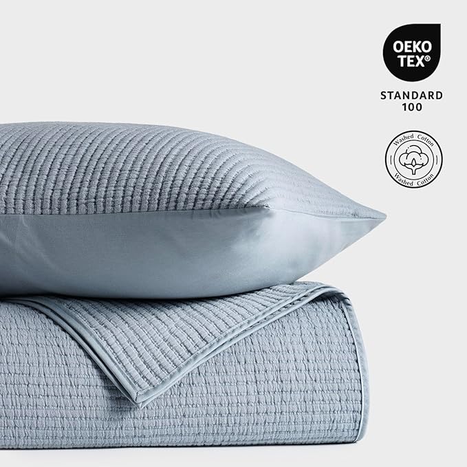 EVERGRACEHOME Cotton Coverlet Set King Size 3 Pieces, Lightweight Soft Ribbed Matelassé Bedspread Quilt Set, Cozy Oversized Quilted Bedding Set with 2 Pillow Shams for All Seasons, Blue Linen