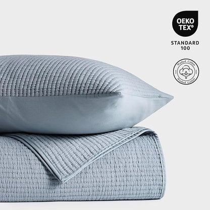 EVERGRACEHOME Cotton Coverlet Set King Size 3 Pieces, Lightweight Soft Ribbed Matelassé Bedspread Quilt Set, Cozy Oversized Quilted Bedding Set with 2 Pillow Shams for All Seasons, Blue Linen