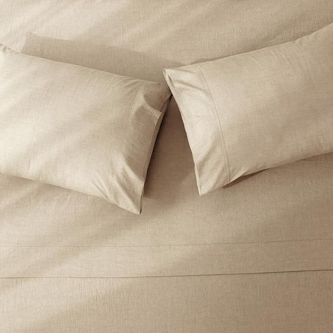 JIYUAN Queen Size Sheet Set, 4-Piece - 100% Washed Cotton, Linen-Like Soft & Breathable, Includes Deep Pocket Fitted & Flat Sheet with 2 Pillowcases, Hotel Quality, Heathered Tan