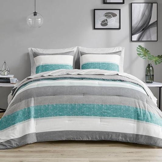 Madison Park Essentials King Comforter Set, Bed in A Bag Comforter & Sheet Set, Modern Casual Stripes Print, All Seasons, Soft Microfiber Bedding Makeover, Matching Shams, Cal King Aqua/Grey 7 Piece