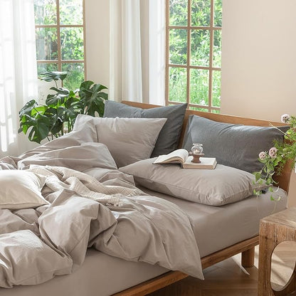 MooMee Bedding Pillowcases Pack of 2 100% Washed Cotton Linen Like Textured Breathable Durable Soft Comfy (Solid Light Tan, King)