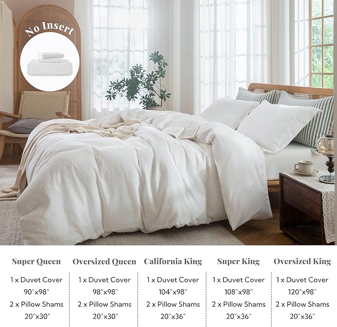 MILDLY White Striped Duvet Cover - 100% Washed Cotton Jacquard Textured Comforter Cover with Dual Zipper Closure & 8 Coner Ties
