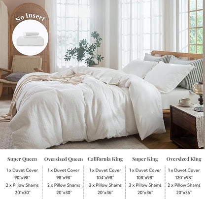 MILDLY White Striped Duvet Cover - 100% Washed Cotton Jacquard Textured Comforter Cover with Dual Zipper Closure & 8 Coner Ties