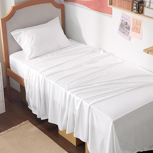 Bedsure Cooling Sheets Twin XL, Rayon Derived from Bamboo, PureWoven, Breathable & Soft Twin XL Sheet Sets, Deep Pocket Up to 16 Inches, Hotel Luxury Silky Dorm Bedding for Hot Sleepers, White