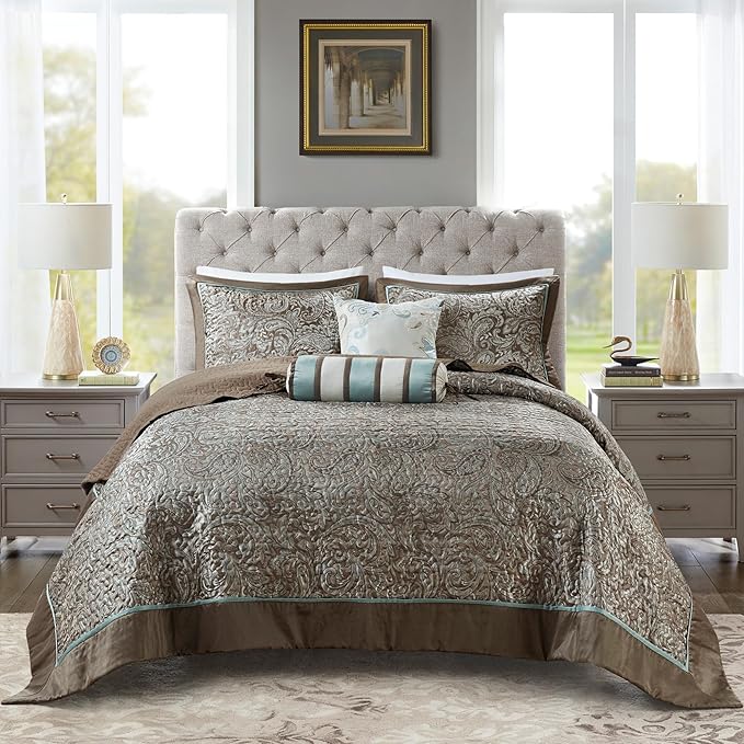 Madison Park Aubrey Reversible Quilted Bedspread Set, Solid Reverse Summer Breathable, Lightweight All Season Bedding Layer, Matching Shams, Bedspread King(120"x118"), Blue 5 Piece