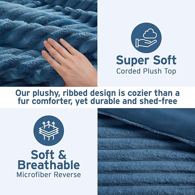 Intelligent Design Queen Comforter Set, Cozy Plush Bedding, Microfiber Reverse, 3 Piece, Lightweight, Super Soft Ribbed Velvet Comforter 2 Shams, All Season Fluffy Bed Set, Avril, Full/Queen Blue