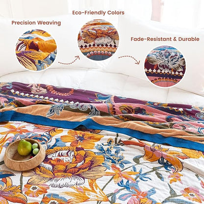 MSGKV Boho Throw Blanket 50"x60" Couch Floral 100% Cotton Blanket Spring Breathable Lightweight Blankets for Sofa All Seasons Home Decor Muslin