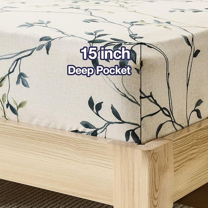 JSD 6 Piece Beige Leaves Printed Sheet Set Queen Size, Soft Botanical Microfiber Sheets Extra Deep Pocket