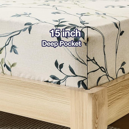 JSD 6 Piece Beige Leaves Printed Sheet Set Queen Size, Soft Botanical Microfiber Sheets Extra Deep Pocket