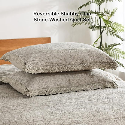 HORIMOTE HOME Stone-Washed Cotton Quilt King Size, Beige Jacquard Embossed Quilt Shabby Vintage Farmhouse Bedspread Coverlet with Crochet Edge, Soft Lightweight Bedding Set for All Season, 3 Pieces