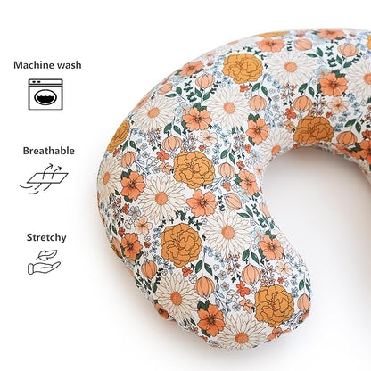 Konssy 2 Pack Nursing Pillow Covers, Stretchy and Soft Nursing Cover for Breastfeeding, Pillow Slipcover for Baby Girls Boys Newborn (Beige, Floral)