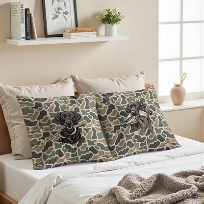 Vintage Camo Labrador Retriever Mallard Duck Throw Pillow Covers 18x18 Set of 2, Dog Hunting Pillowcase, Camouflage Farm Animal Decorative Pillow Covers,Camouflage Wild Animal Decor（84）
